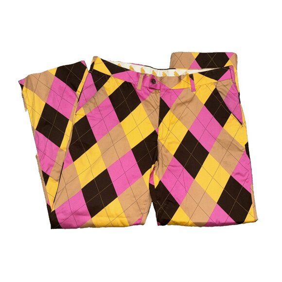 Loudmouth Golf Pants Pink Orange Brown Argyle Pattern Size 36x32 - Picture 1 of 6